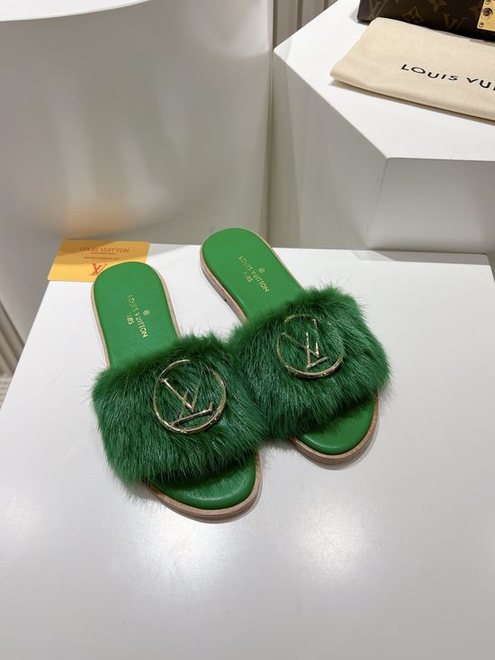 Louis Vuitton Genuine Leather Mink Fur Open Toe Flat Slides Luxury