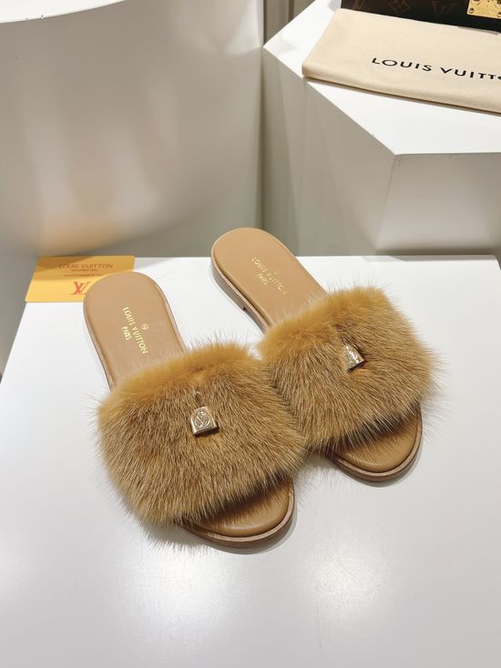 Louis Vuitton Genuine Leather Mink Fur Open Toe Flat Slides Luxury