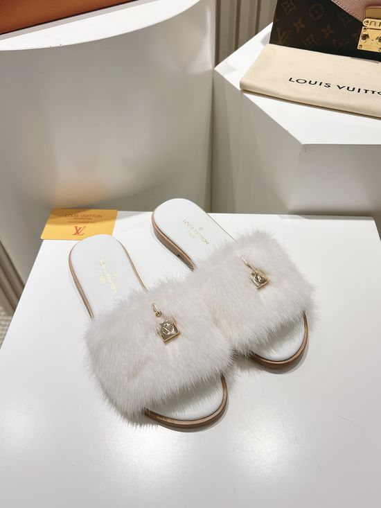 Louis Vuitton Genuine Leather Mink Fur Open Toe Flat Slides Luxury