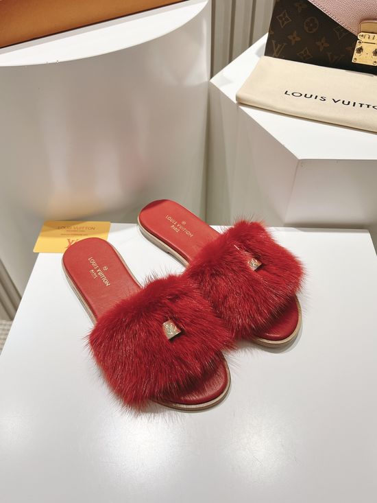 Louis Vuitton Genuine Leather Mink Fur Open Toe Flat Slides Luxury