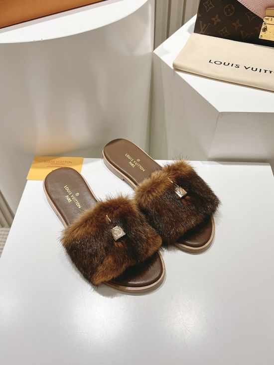 Louis Vuitton Genuine Leather Mink Fur Open Toe Flat Slides Luxury