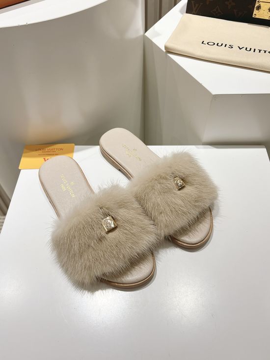 Louis Vuitton Genuine Leather Mink Fur Open Toe Flat Slides Luxury