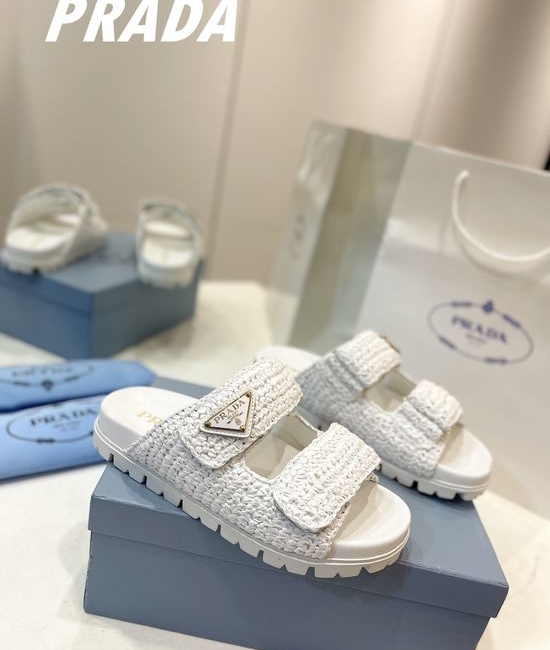 Prada Handwoven Straw Slippers Breathable Non-slip Summer Footwear