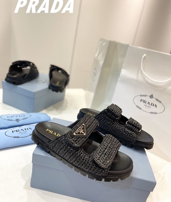 Prada Handwoven Straw Slippers Breathable Non-slip Summer Footwear