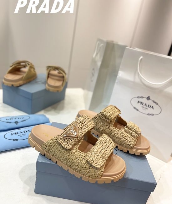 Prada Handwoven Straw Slippers Breathable Non-slip Summer Footwear