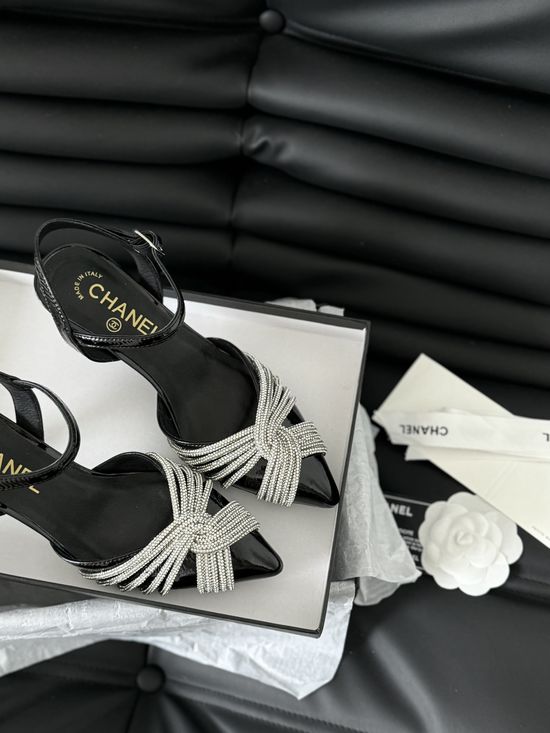 Chanel Rhinestone Buckle Pointed Toe Mid Heel Pumps