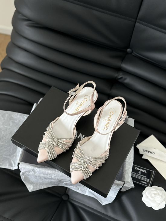 Chanel Rhinestone Buckle Pointed Toe Mid Heel Pumps