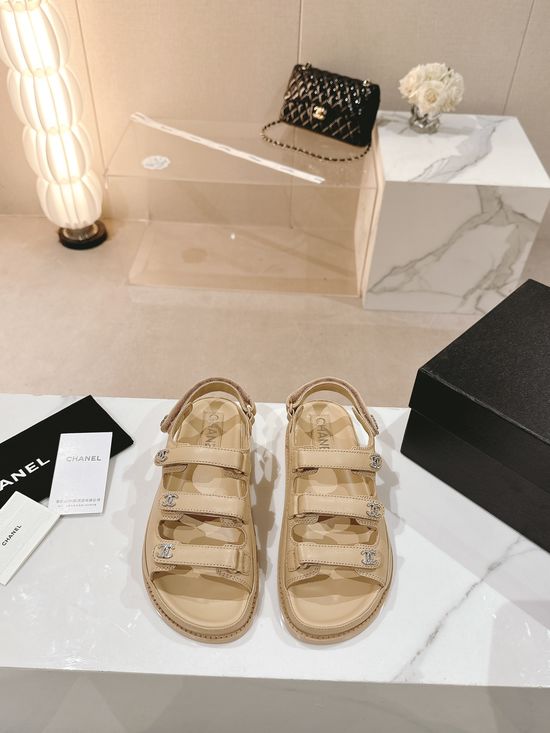 Chanel Three Strap Hook and Loop Leather Slide Sandals