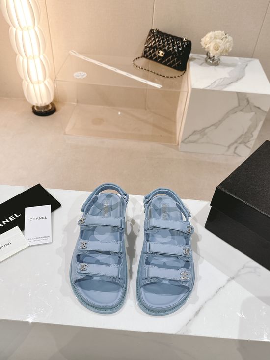 Chanel Three Strap Hook and Loop Leather Casual Slides