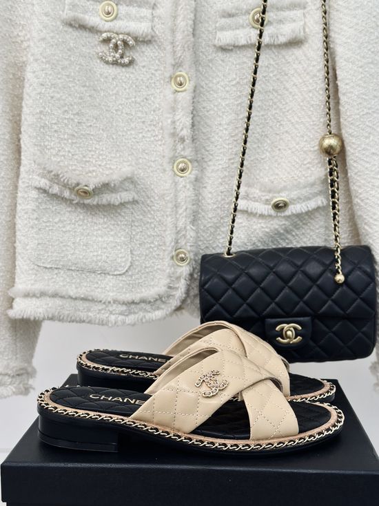 Chanel Block Heel Chain Decor Slip On Sandals