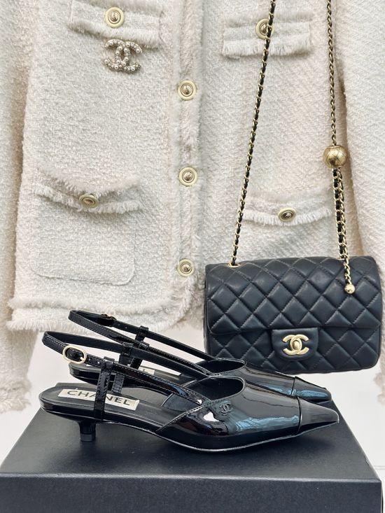 Chanel Kitten Heel Pointed Toe Leather Sandals