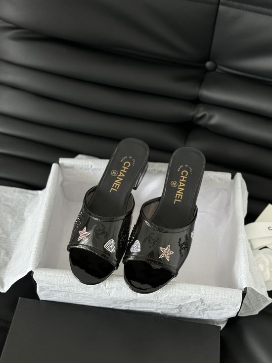 Chanel Rhinestone Decor Genuine Leather Slide Sandals