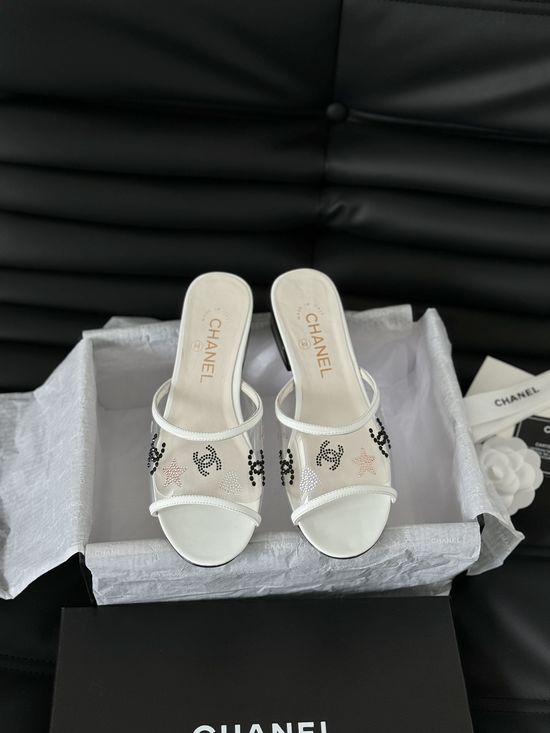 Chanel Rhinestone Decor Genuine Leather Slide Sandals