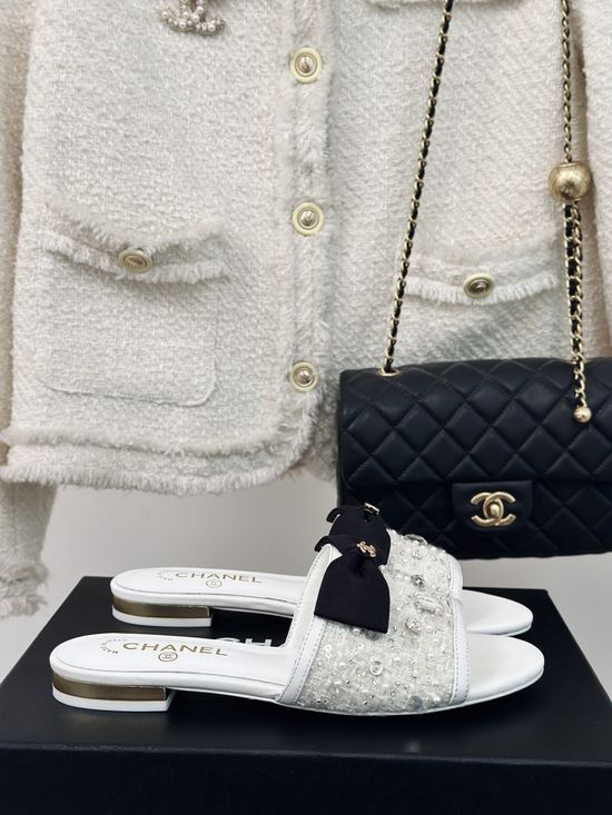 Chanel Bow Crystal Slides Shiny Rhinestone Sheepskin Upper
