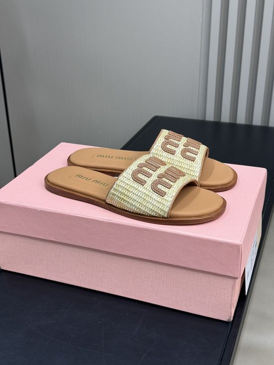 Miu Miu Woven Upper Slide Slippers with Embroidered Logo