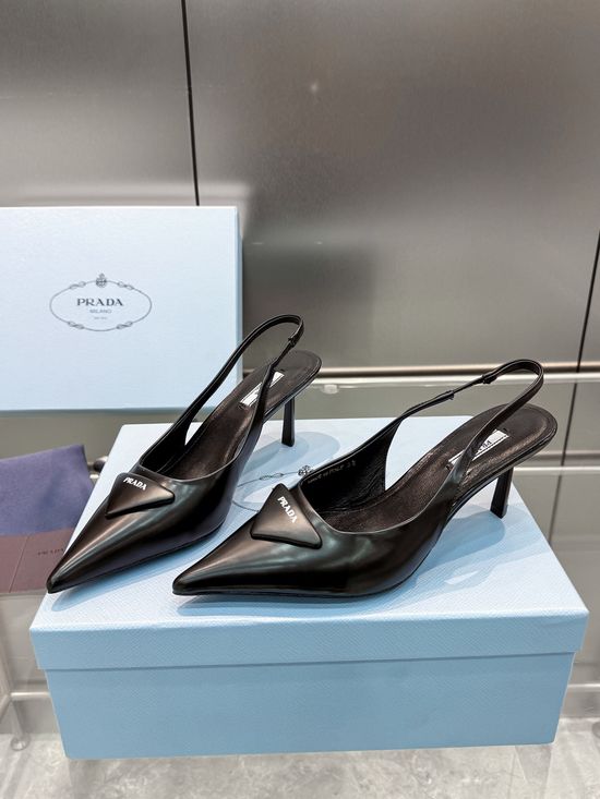 Prada Pointed Toe Polished Leather High Heel Sandals