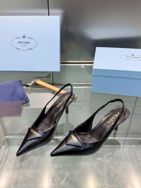 Prada Pointed Toe Polished Leather High Heel Sandals