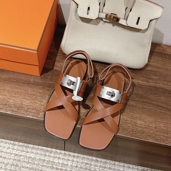 Hermes Elegant Leather Sandals with Decorative Crystal Buckles