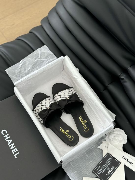 Chanel Peep Toe Leather Slippers with Bow Accent