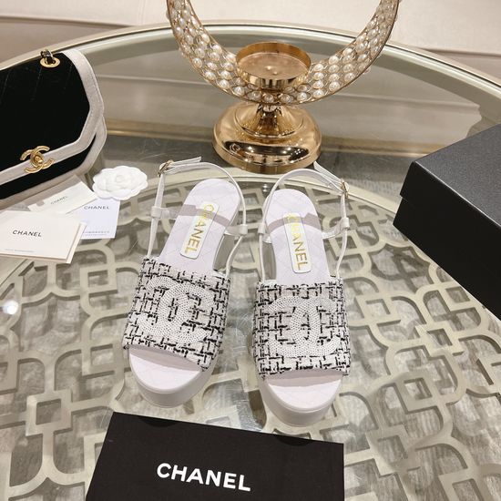 Chanel Wedge Heel Classic Fabric Upper Dress Sandals