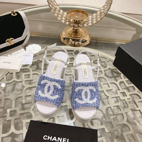 Chanel Wedge Heel Classic Fabric Upper Dress Sandals