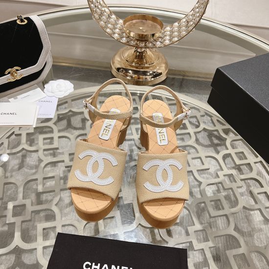 Chanel Wedge Heel Classic Fabric Upper Dress Sandals