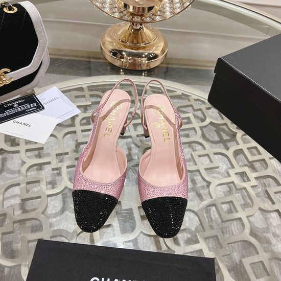 Chanel Pink Rhinestone Med Heel Open Back Suede Sandals