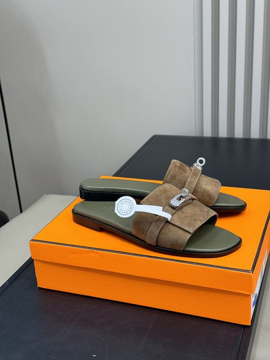 Hermes Classic Flat Slippers Cowhide Denim Upper Leather Sole