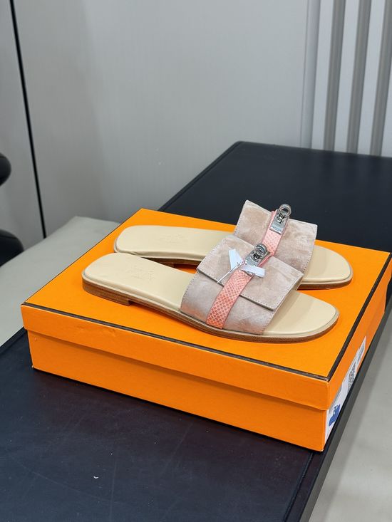 Hermes Classic Flat Slippers Cowhide Denim Upper Leather Sole