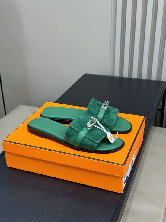 Hermes Classic Flat Slippers Cowhide Denim Upper Leather Sole