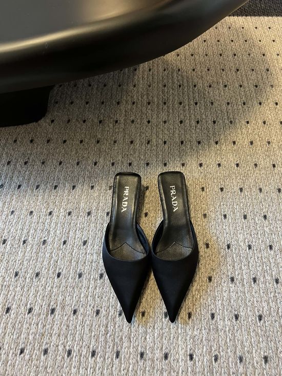 Prada Pointed Toe Triangular Logo Silk Mules Elegant Footwear