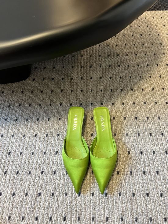 Prada Pointed Toe Triangular Logo Silk Mules Elegant Footwear