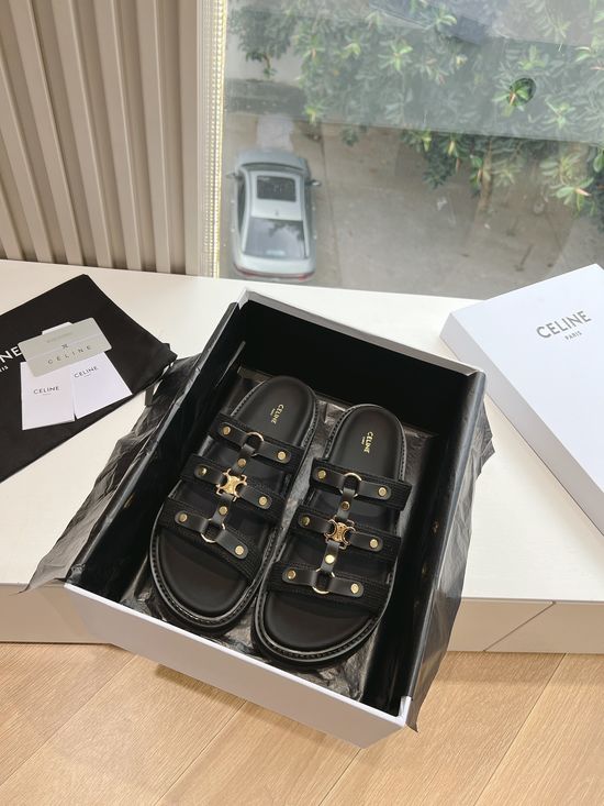 Celine Vintage Style Leather Flat Slide Sandals With Embossed Logo