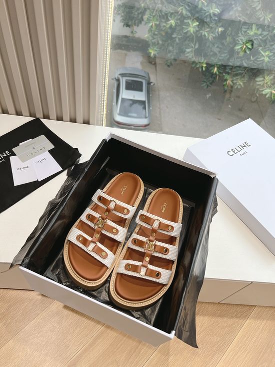 Celine Vintage Style Leather Flat Slide Sandals With Embossed Logo