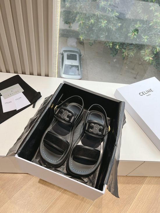 Celine Vintage Style Leather Flat Slide Sandals With Embossed Logo