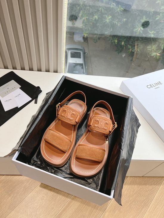 Celine Vintage Style Leather Flat Slide Sandals With Embossed Logo