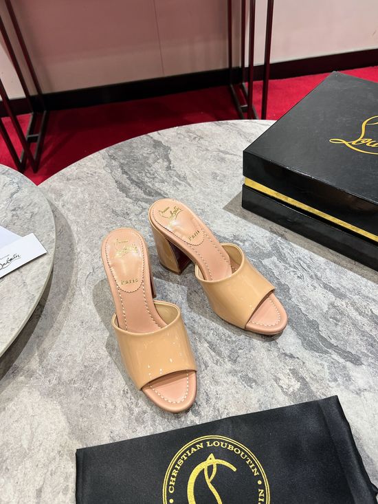 Christian Louboutine White Leather Chunky Heel Slide Sandals Strap Design