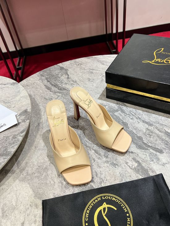 Christian Louboutine Classic Black Leather Square Toe Slip On Mules