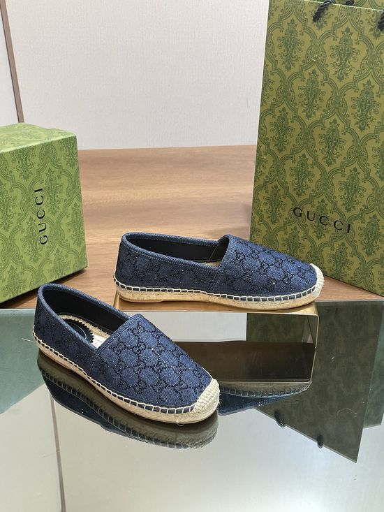 Gucci Denim Rhinestone Decor Espadrille Flats with Rubber Sole