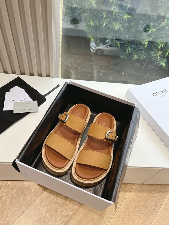 Celine Vintage Style Leather Flat Slide Sandals With Embossed Logo