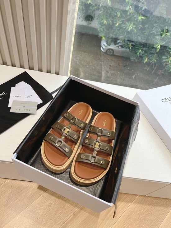 Celine Vintage Style Leather Flat Slide Sandals With Embossed Logo