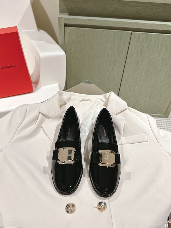 Ferragamo Patent Leather Loafers with Decorative Metal Buckle