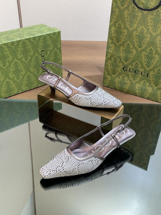 Gucci Crystal Decorated Square Toe Kitten Heel Leather Sandals