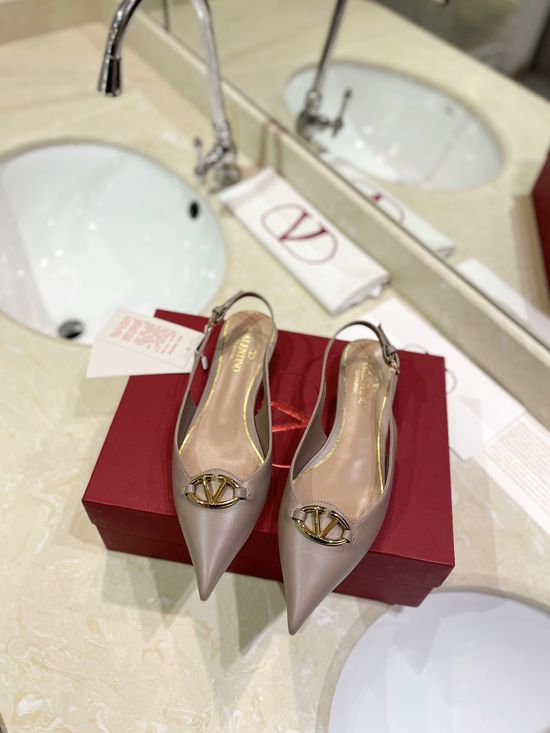 Valentino Light Gold Logo Pointed Toe Low Heel Slingback Pumps