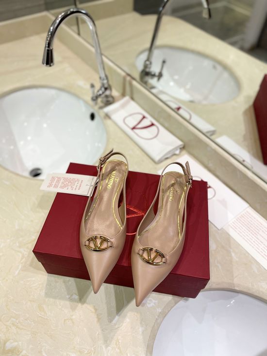 Valentino Light Gold Logo Pointed Toe Low Heel Slingback Pumps