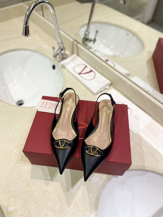 Valentino Light Gold Logo Pointed Toe Low Heel Slingback Pumps