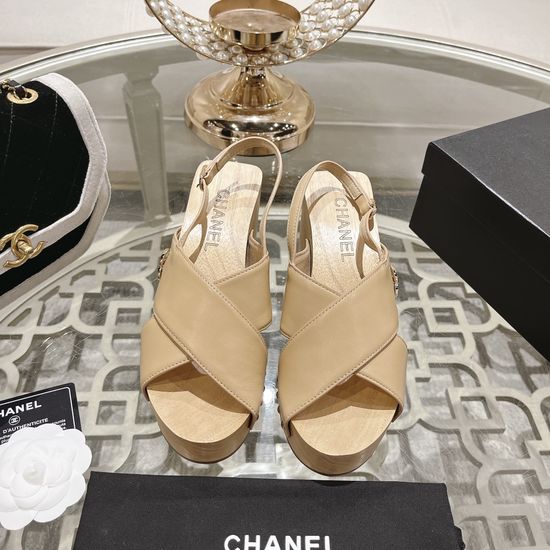 Chanel Wood Grain Platform Wedge Leather Sandals