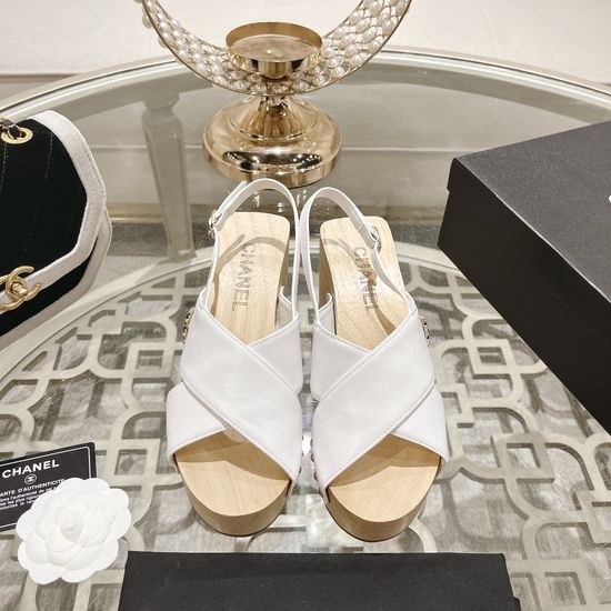 Chanel Wood Grain Platform Wedge Leather Sandals