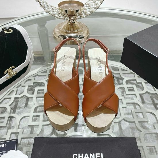 Chanel Wood Grain Platform Wedge Leather Sandals
