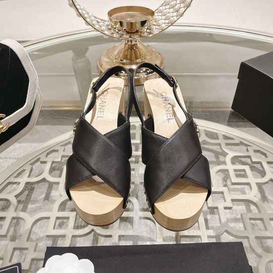 Chanel Wood Grain Platform Wedge Leather Sandals